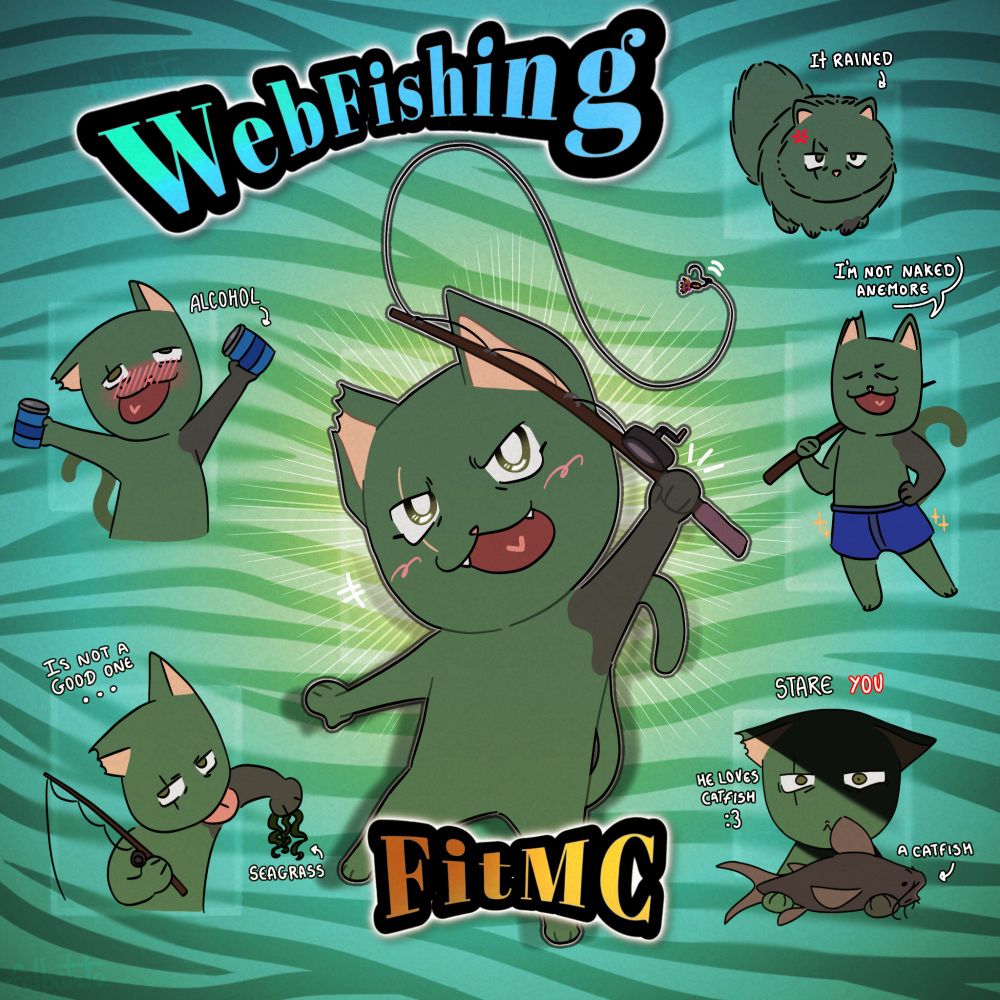 O streamer gringo FitMC fez uma transmissão ao vivo bem curta, jogando "WebFishing". Um jogo onde você é um gatinho e tem que pescar (apenas isso).

Algumas traduções e explicações:

1. (centro): Apenas o design que eu criei do personagem que o FitMC controlava.

2. (esquerda embaixo): FitMC havia pescado uma erva marinha, e reclamou "não é as das boas", fazendo piada de uma outra erva (maconha) (foi isso que entendi...)

3. (Esquerda encima): FitMC tinha comprado várias latinhas de bebidas, mas ele não sabia que eram bebidas alcóolicas, então tomou 8 bebidas e o gatinho, o personagem que ele controlava, andava para os lados, dando a entender de que o personagem estava cambaleando de tão bêbado.

4. (Topo da direita encima): Nada, eu só quis fazer ele peludão.

5. (Meio da direita): Perto do final da transmissão, FitMC havia comprado um pequeno short azul, falando "agora não estamos mais pelados".

6. (direita embaixo): Tem uma piada entre o chat e o FitMC onde, ele não gosta do bagre (catfish). Quando ele foi pescar a primeira vez, ele pescou um bagre. (eu ri).