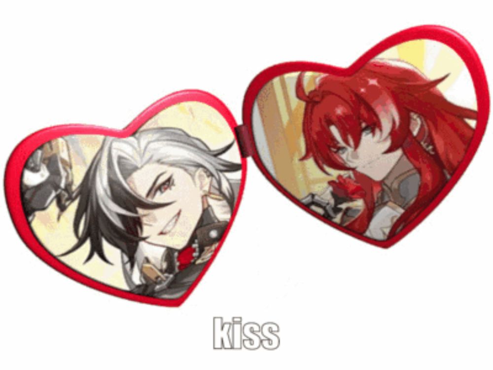 two red hearts with a picture of a man and a woman and the word kiss below them