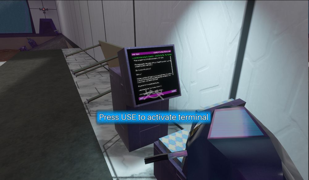 A boxy terminal from the upcoming game Escape Velocity. It's purple, with a black screen with white text on it. In the center of the screen is a message: "Press USE to activate terminal"
