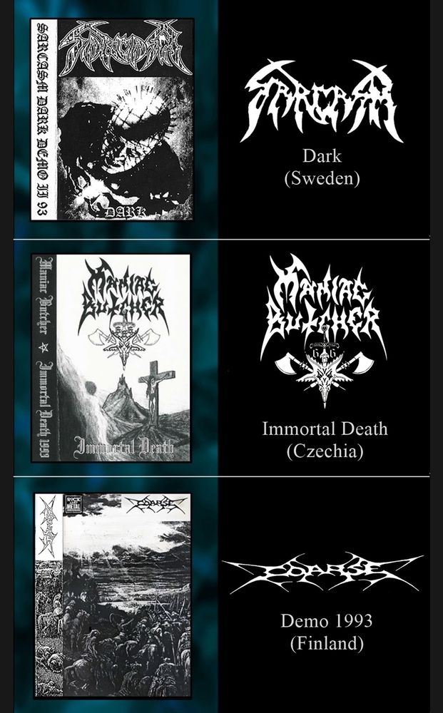 The photo shows the front covers of three old demo cassette tapes from 1993. To the right of each cover is the band logos in white letters on black background. The idea of the post is to help preserve obscure and rare art. For each demo tape there is a youtube link to the full demos. 