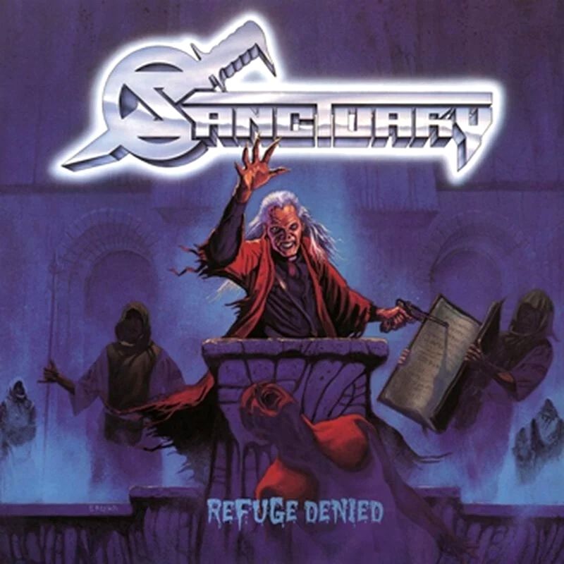 The picture shows the cover art for the 1988 heavy metal album Refuge Denied by Seatlle band Sanctuary. The art was painted by Ed Repka. A popular artist behind many legendary covers for bands such as Megadeth, Massacre and Death among many other. The art shows a satanic looking priest facing the viewer. He is standing behind an alter in a red robe, inside a purple church, pointing a gun towards a huge open book being held up by a cultist. While someone (in a red light) is seen suffering in front of the priest. Between the priest and the viewer.  