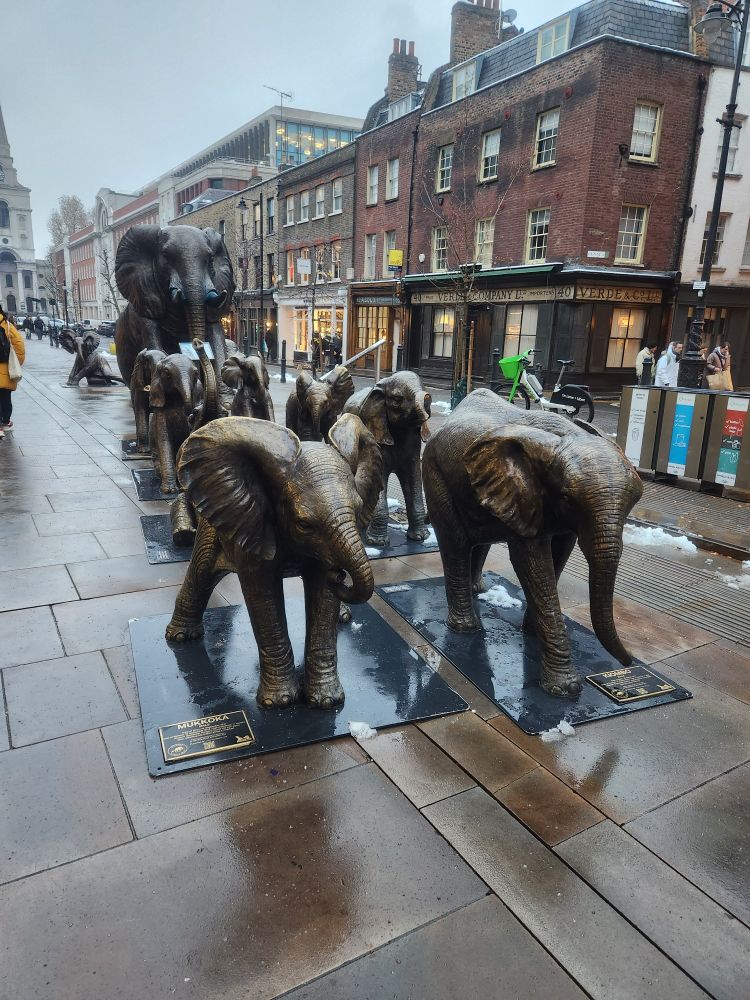 Temporary statues of approx 8 elephants, all orphans who were rescued & cared for by @SheldrickTrust on the sidewalk outside Spitalfields market in London, England. 