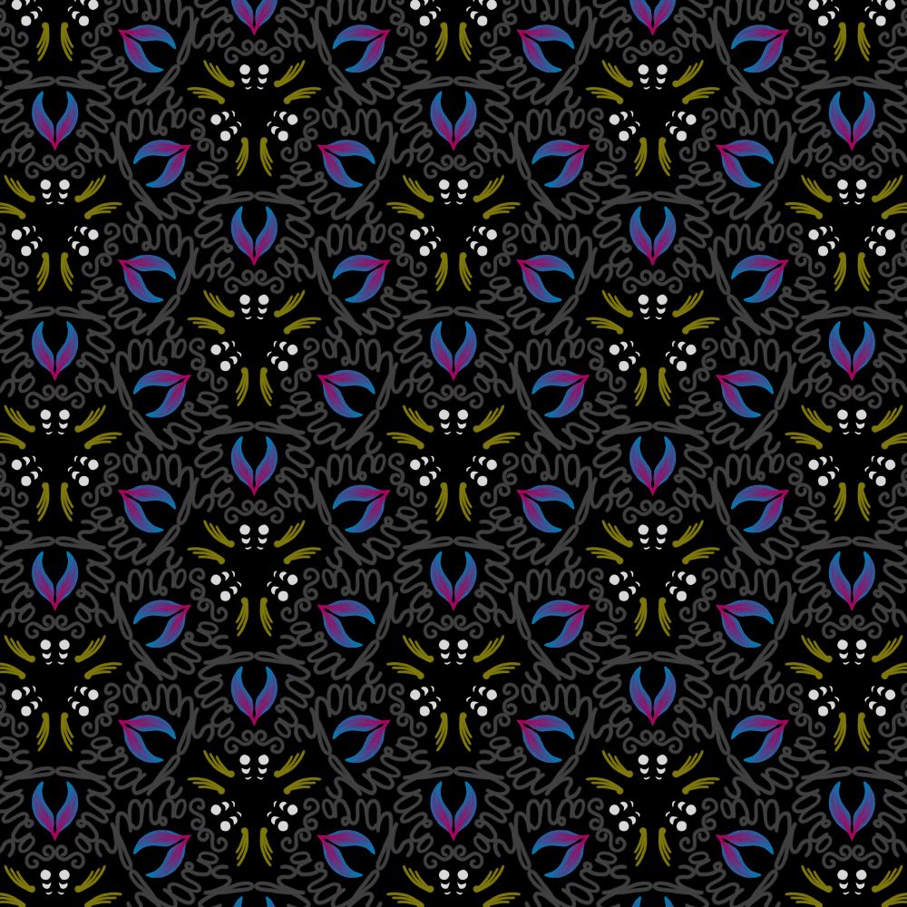 Black background with a repeating pattern of the word “Sarah” in cursive. The pattern also includes yellow comets, phases of the moon and feathers in Aurora colours of blues and vibrant purple. 