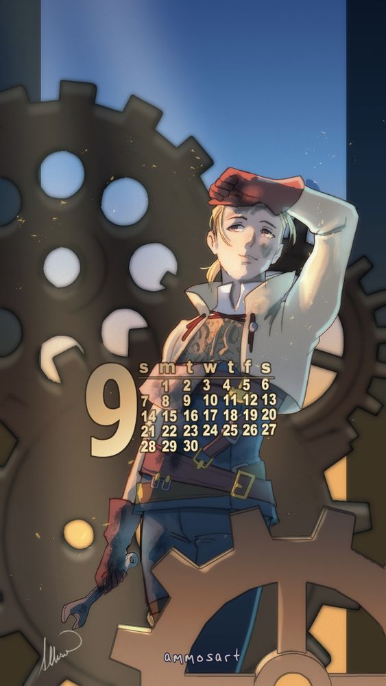 Digital art of Mustadio from Final Fantasy Tactics (as he appears in Final Fantasy XIV) standing amidst a bunch of ridiculously large gears.