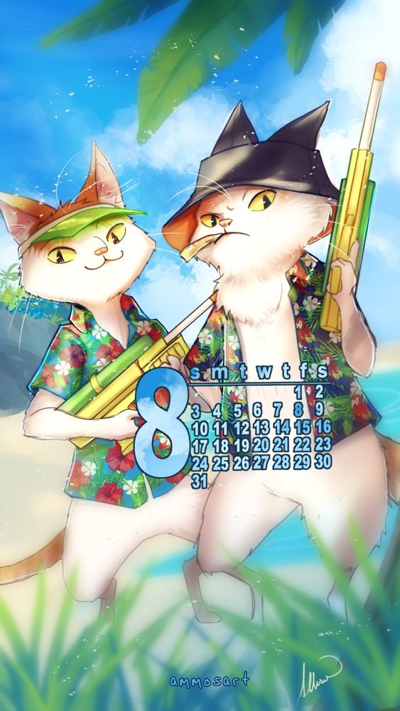 digital art calendar of two palico-inspired cats on the beach with super soakers