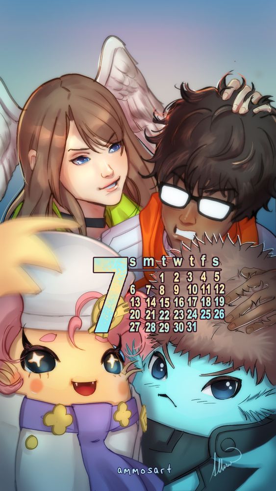 Digital art of Manana, Riku, Taion and Eunie from Xenoblade 3 taking a happy(?) photo together.  Has a calendar for July layered over the art.