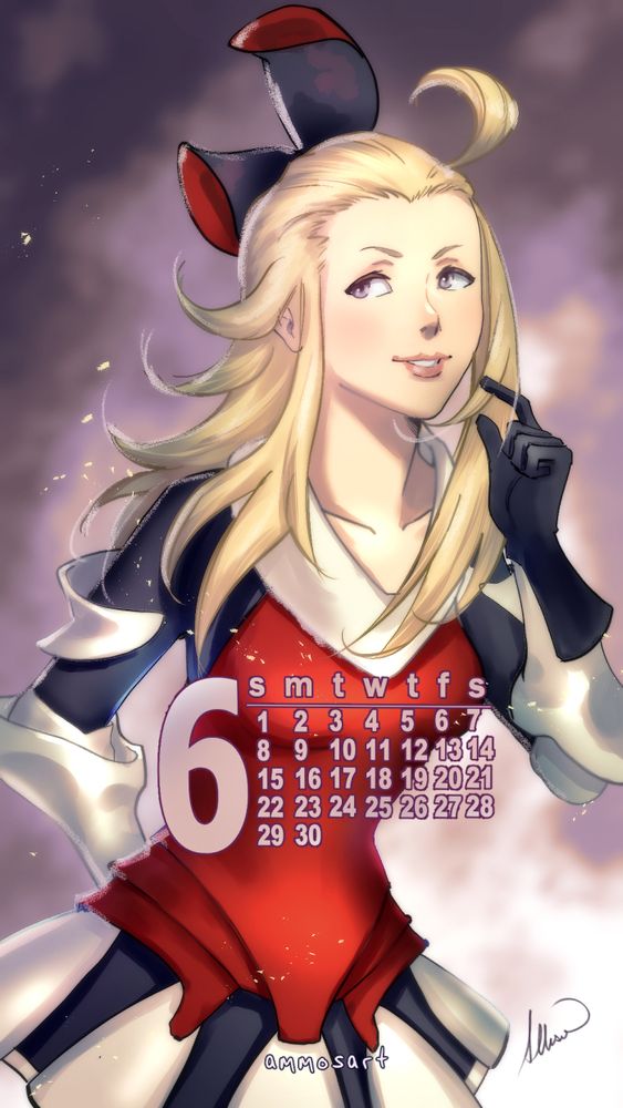 Digital art of Edea Lee from Bravely Default against a swirly-smokey-purple-y background and a calendar for June on top