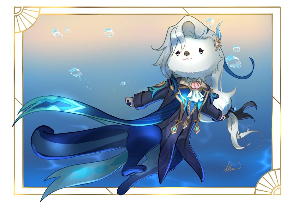 Digital art of Neuvillette from Genshin Impact... in the style of otters from the game.