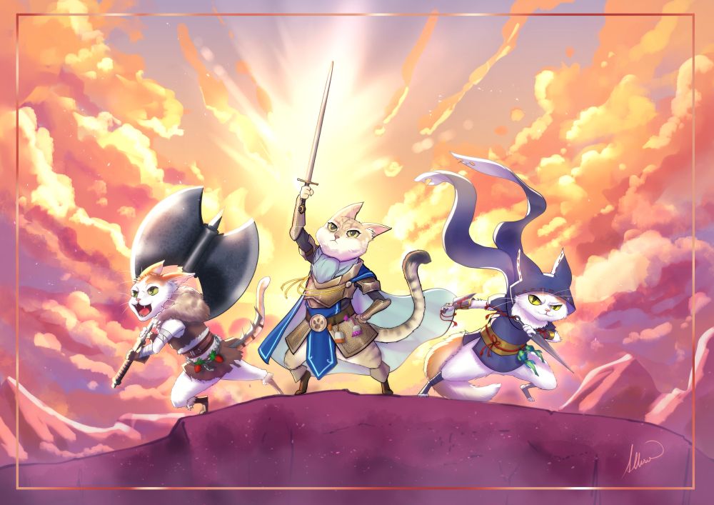 Digital art of three semi-anthropomorphic cats posing epically before dramatic clouds