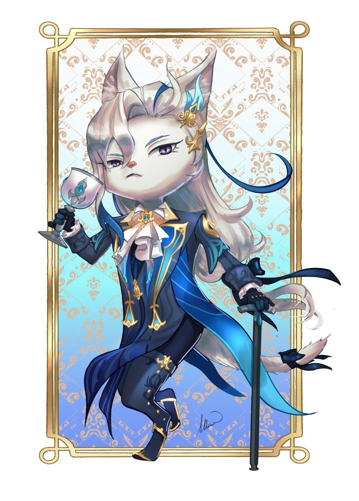 Digital art of Neuvillette from Genshin Impact... if he were more cat-like.