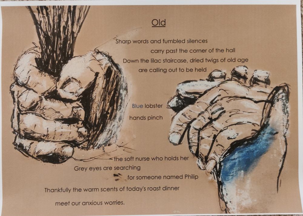 Line drawing of old person hands