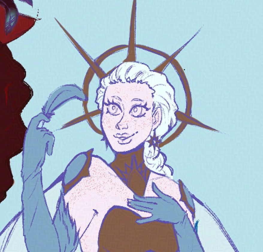 An unfinished digital drawing of my character, Astra, who is dressed in a costume with angel and sun motifs. She is holding a feather of another character off-screen, her expression playful