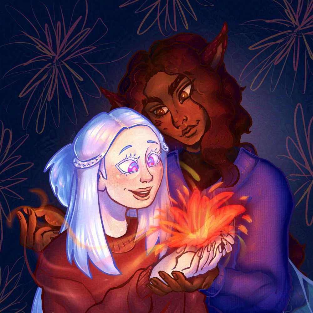 Two girls stand in close proximity, one of them holding a flower made of flames and the other one is making said flower with magic. The eyes of the girl that is holding the flower are glued to it, her expression excited, while the mage looks at her friend enjoying her reaction.