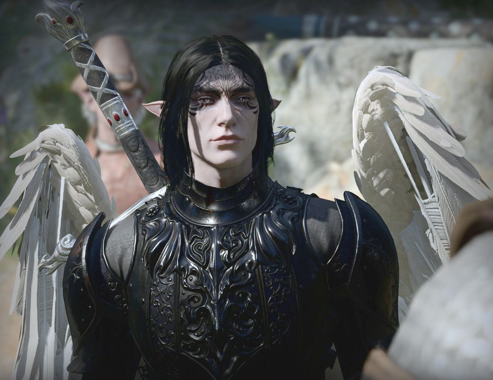 bg3 male elf, he has long black hair pulled into a braid down his back. he wears black armor with a long sword, and angel wings.