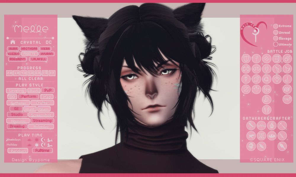 a ffxiv character card. a picture of a viera-based miqote named melle. crystal dc, done with story, playstyle of crafting raiding rp etc. evening playtimes but kinda random, extreme unreal and savage cleared, and all classes are leveled and playable. whm is main class!