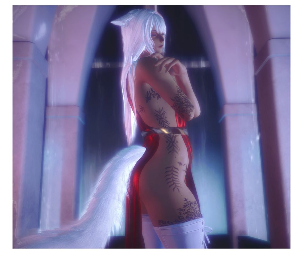 catboy with white hair and fur, he poses in a red slip dress that's open on the side, revealing his tattoos. 