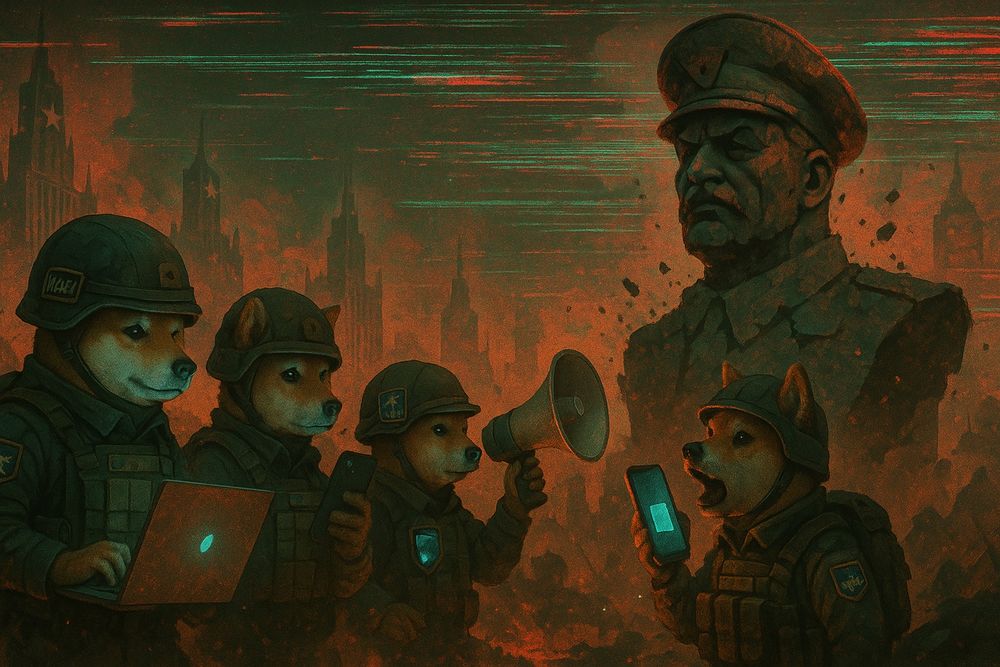 A digital battlefield scene with a pack of Shiba Inu dogs in tactical gear, facing off against a crumbling statue of a dictator. The Shibas wear military helmets, some with NAFO patches, and are armed not with weapons, but with glowing laptops, smartphones, and megaphones. The background is stylized like a dystopian propaganda city fading into glitchy static. The mood is heroic, satirical, and futuristic.