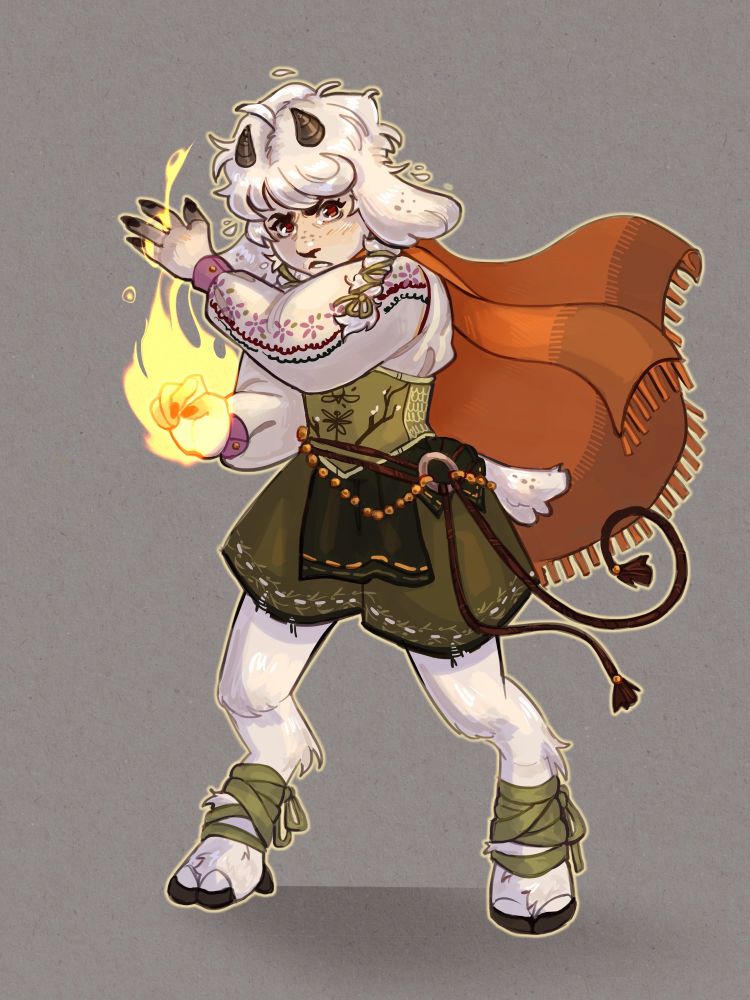 Fullbody drawing of a satyr/firbolg who wears a determined, feral expression. She is very short (4'3") and her appearance is modeled off of a lamb/goat. She has pale skin and long floppy ears and dark gray horns. She has freckles along the bridge of her nose and on her ears and short tail. She wears a baggy long sleeved blouse with purple, red, and green accents paired with a light green corset, dark green pants (all with nature/branch motifs). She wears matching wrappings on her legs and binding her hair into plaits. Has a rust orange and brown cloak.