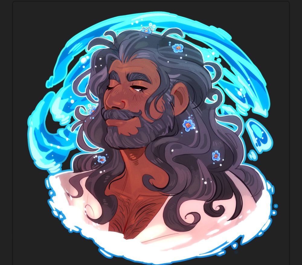 Rendered bust of an older gentleman with dark gray beard and long flowing hair . Winking and smiling softly. Wears forget me bits in his hair and is surrounded by matching blue vibrant water
