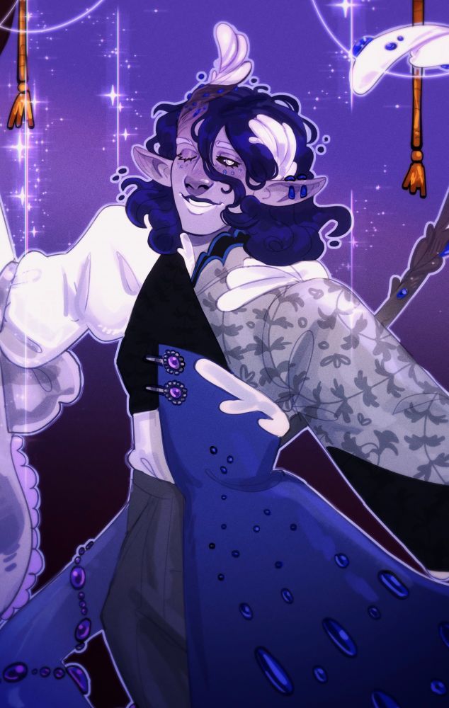 Cropped image of a gray tiefling with blue gem accents wearing a fancy elaborately tailored outfit with a dark vest, long gray and white frilled sleeves, gray pants, and a half long fabric embedded with the same gemstones along his horns and tail. Wears purple jewels on his outfit and around his tail. Winks and smiles at the viewer.