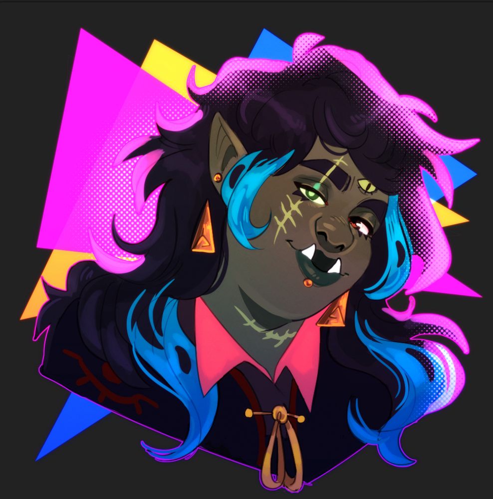 Bust of an Irish woman with dark green skin and soft round features. Her hair is long with layers and blue streaks, and she has scars that extend across her neck and right eye which glows green. She has an eye in the middle of her brow, and wears gray cloaks and golden jewelry in her ears and lip.