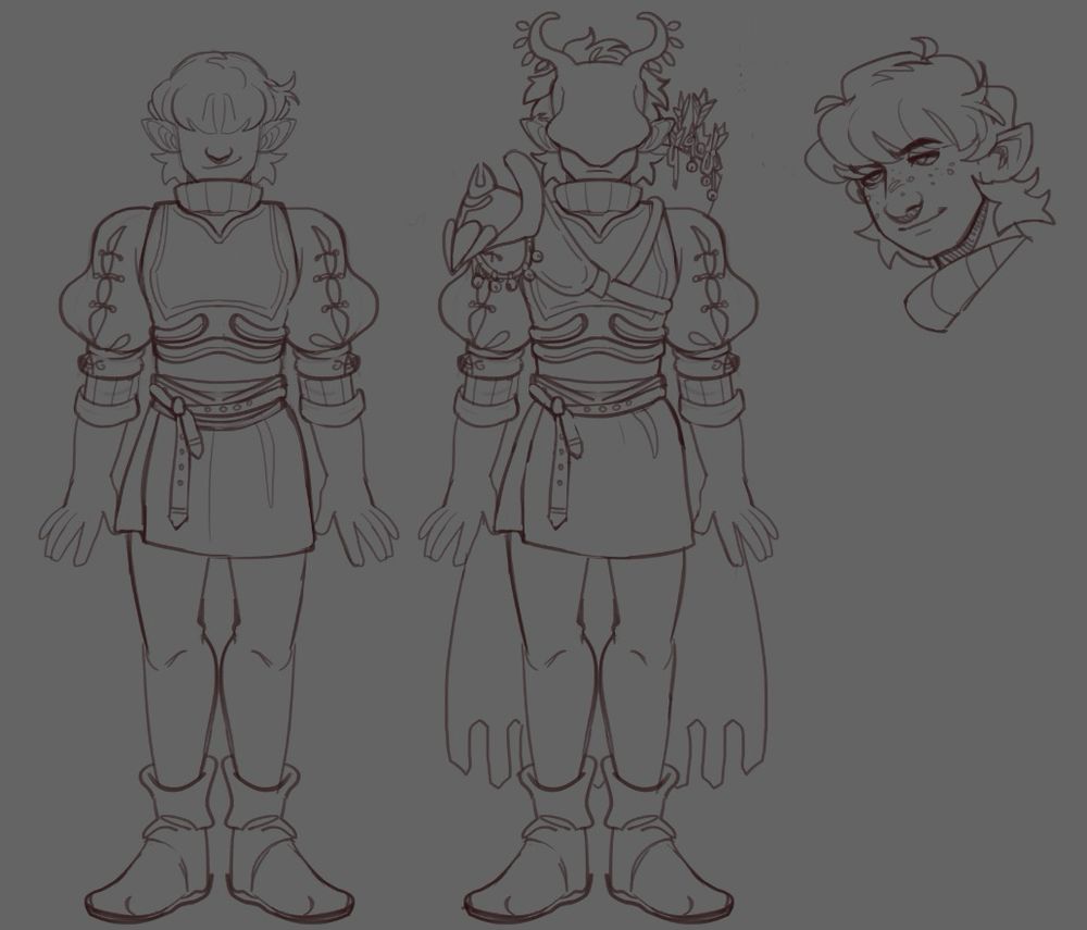 Fullbody lineart of a knight character— soft masculine figure with puffy sleeves, tunic, tights, leather shoes and gloves, and leather chest plate. Themed after a Skulk / Warden from Minecraft! 