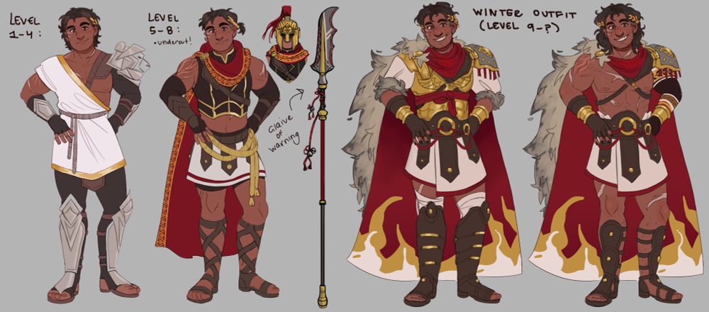Fullbody ref sheet of alekos’ different outfits from each level group 