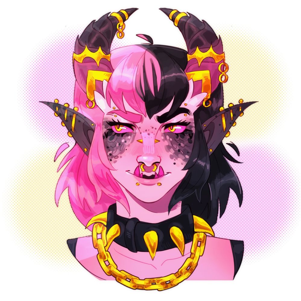 Rendered portrait of a pink horned humanoid (she/her) with scales freckled skin that trail along her ears and onto her cheeks. Vibrant pink tusks and matching sclera paired with numerous gold piercings and jewelry on her neck, ears, nose, mouth, and horns.  