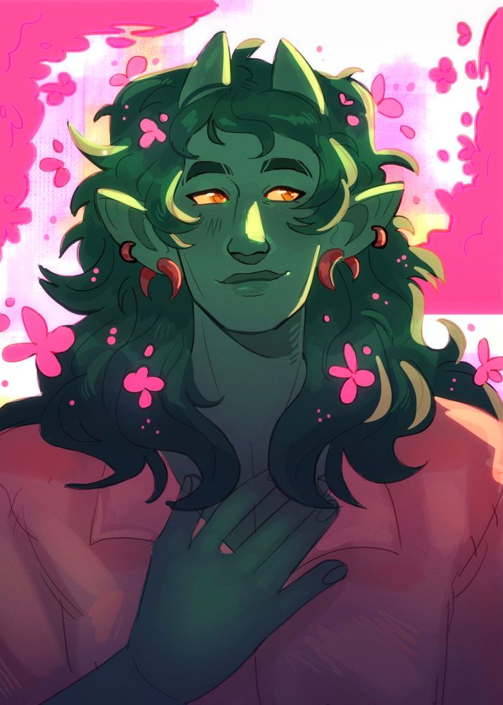 Bust of a green tiefling with dark green hair and pink flowers sprouting from it! He wears an open collar tan shirt and multiple gold piercings in his ears. He looks softly to the side and smiles. Illuminated by a warm light and surrounded by pink floral elements in the background 