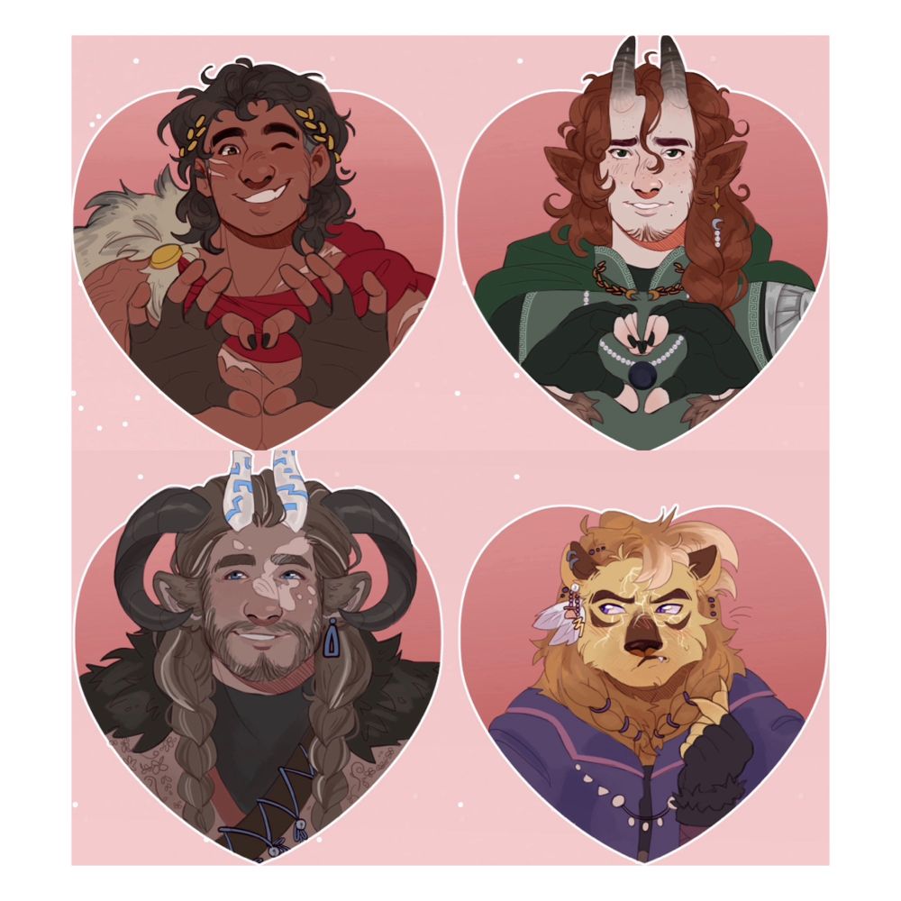 Simple portraits of Alekos’ dnd party (Booker, Arrahm, Exodus) made for Valentines Day— each are in a heart making a heart symbol with their hands 