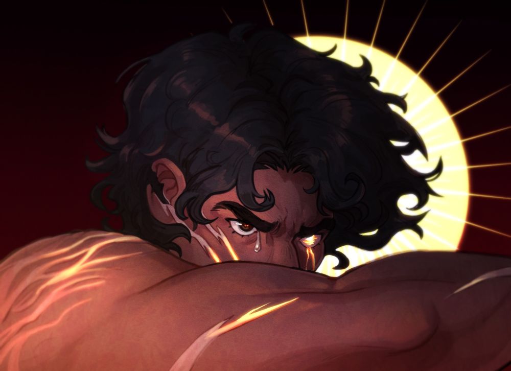 Profile render of Alekos in the composition of The Fallen Angel— he looks bitterly forward as a tear falls down his cheek. His left eye glows with divine energy and peaks through his scars. A sun illuminates behind his form.