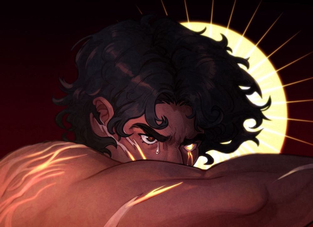 Profile render of Alekos in the composition of The Fallen Angel— he looks bitterly forward as a tear falls down his cheek. His left eye glows with divine energy and peaks through his scars. A sun illuminates behind his form