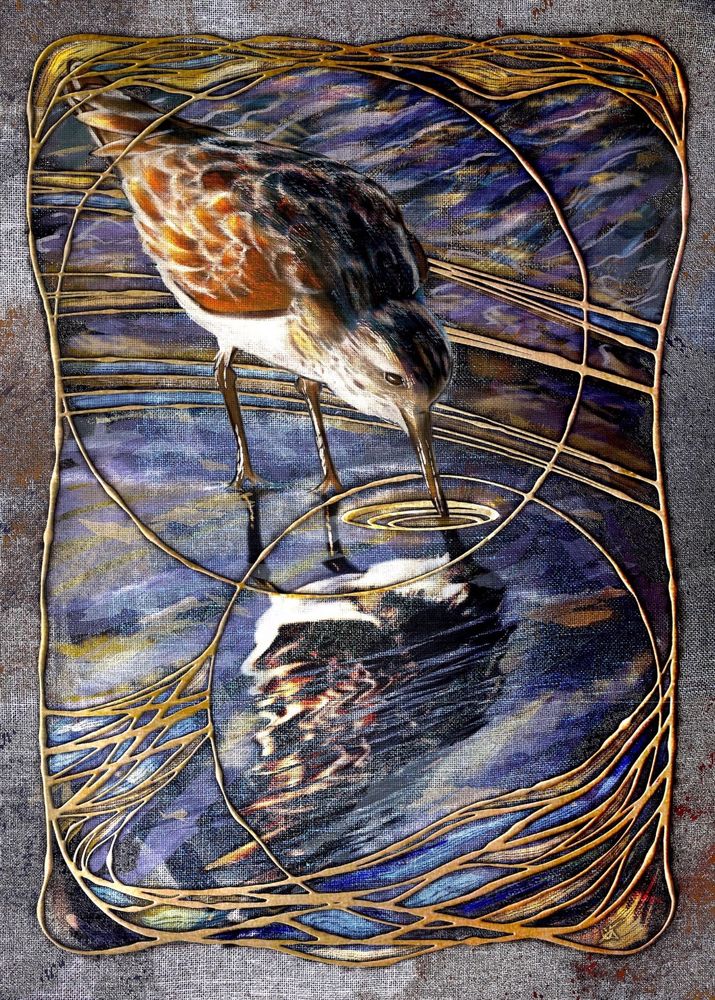 Stylized illustration of a sandpiper dipping its beak into water. Heavily textured and framed in Art Nouveau filigree. Predominant colors are blues, golds, browns, and purples.