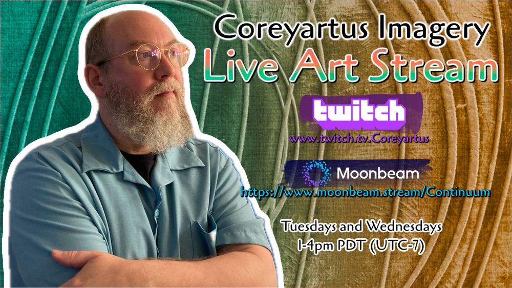 Promotional image of a balding man posed in front of an abstract background with text on the right including URL addresses and dates & times of livestreams.