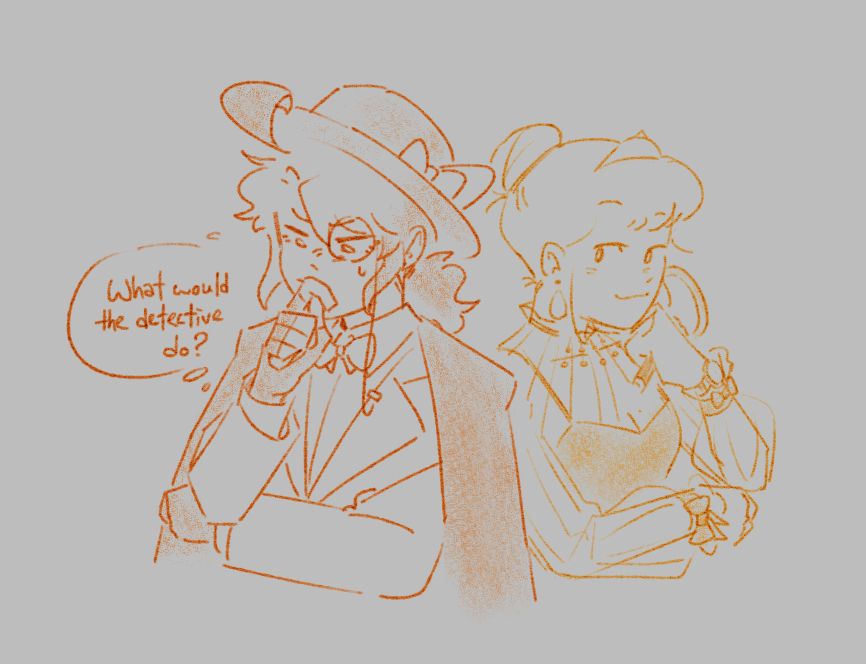 A digital drawing of Gigi in a thinking pose. "What would the detective do?", she thought. Behind her, a faint figure of Amelia can be seen, smirking and holding a similar pose as well.