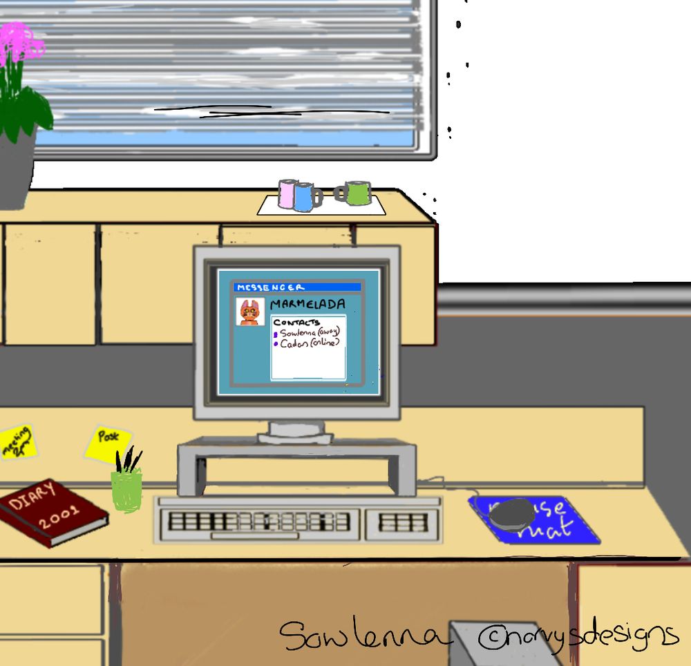 A picture of an office set in the early 2000s. There is a desk with a monitor on a stand, with a keyboard in front. On the left there is a diary with a pen holder, and two yellow sticky notes on the board attached to the desk. On the right there is a computer mouse sat on a blue mat. The background show desk height cupboards with a white tray and three mugs.
