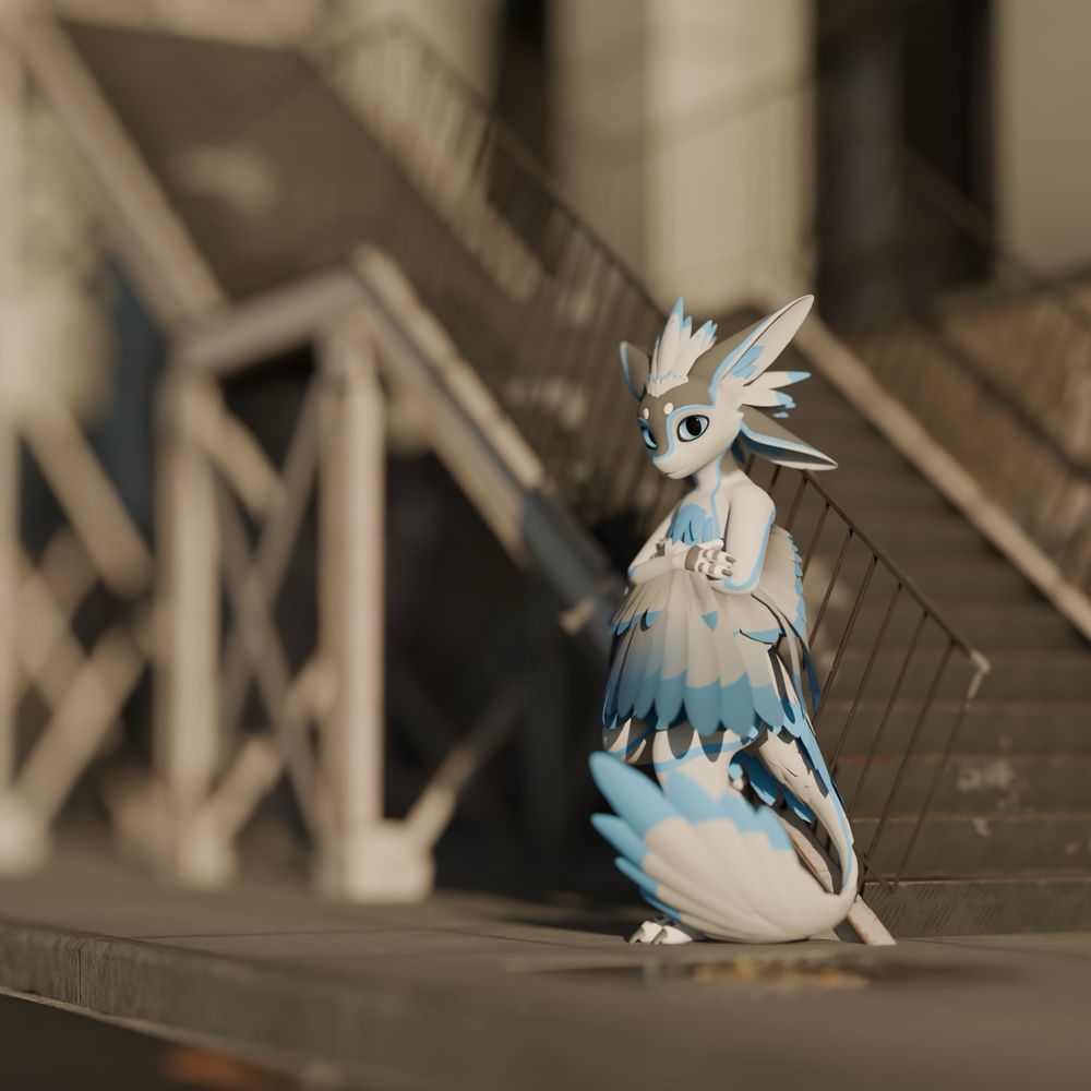 An avali- a bird-like anthromorphic creature- standing on an empty city street, with an aggressive depth-of-field effect focused on her.