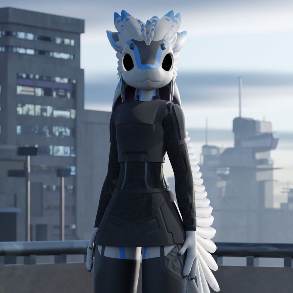 Render of an avali in some sort of outfit, with buildings in the background