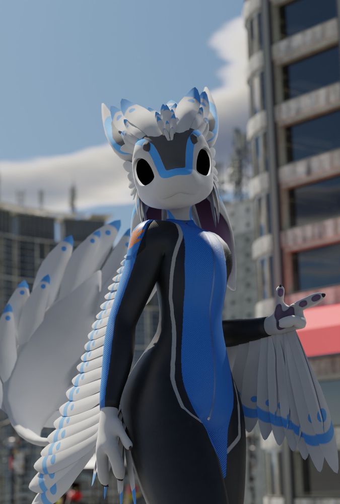 Render of an avali, wearing a motorcycle suit