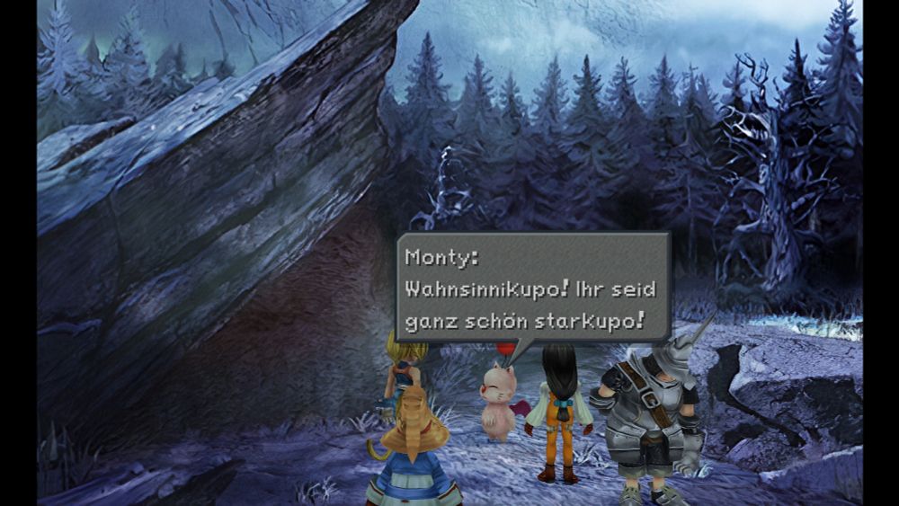 Ein Bildschirmfoto von Final Fantasy IX (Neun)

Zidane, Monty, Garnet, Vivi und ein schlafende Steiner steht in der Nähe von den Verwunschener Wald. 

Monty, der Moogle sagt: Wahnsinnikupo! Ihr seid ganz schön starkupo! 