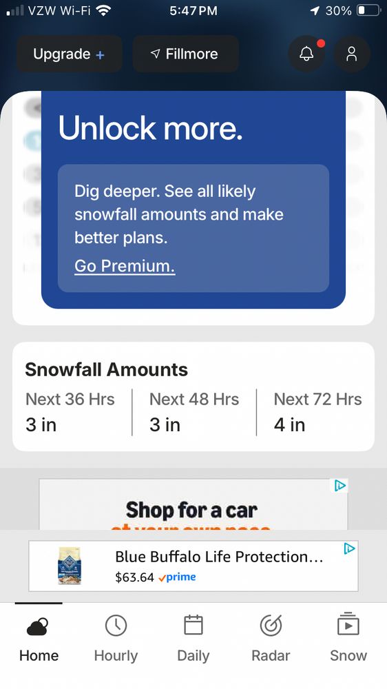 Weather forecast showing 4 inches of snow over next 72 hours. 