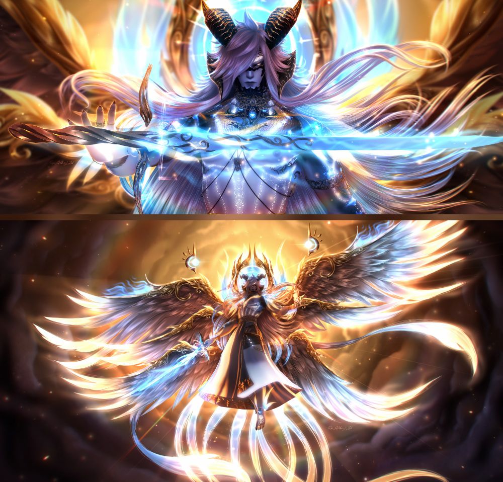 An edited gpose separated in 2 parts. The first part (top) shows a close up of my OC Hraesekiel summoning his sword, the Light of Dawn (Luma Soly), with the sunlight behind him and a close up of his wings, halo and astral feathers. The second part (bottom) shows the full scene, with a clear view of his final form. He has 3 pairs of wings, long tail feathers like those of a phoenix, a halo behind him and gold ornaments there and on his wings. The background shows a dark sky full of clouds opening at where he appeared, revealing a powerful light from the sun behind, almost giving him the look of an angel/otherworldly being as if his simple presence chased the darkness away.