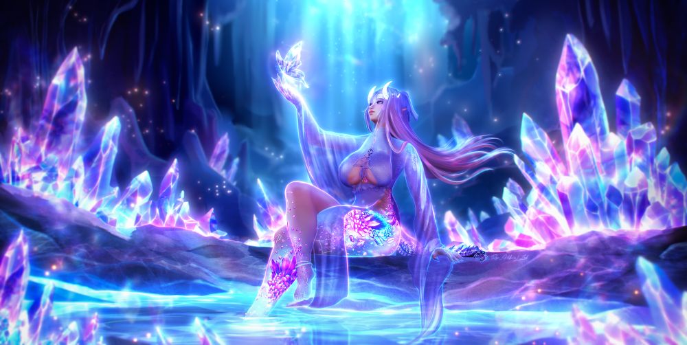 An edited screenshot showing Ary's OC in a crystal cave full of light and giant crystals everywhere. There is also a lake with clear and glowy water. Ary is extending her right hand towards a crystallized butterfly and there is a soft blue light falling on them.