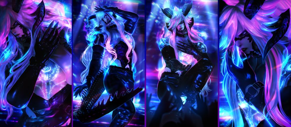 4 edited screenshots featured on the same panel, showing a mix of vibrant pink and blue neon tones with my OC Zed. The vibes are those of a singer/idol captivating the attention of the people listening to him, as if hypnotised, as it is something he is able to do with his voice!