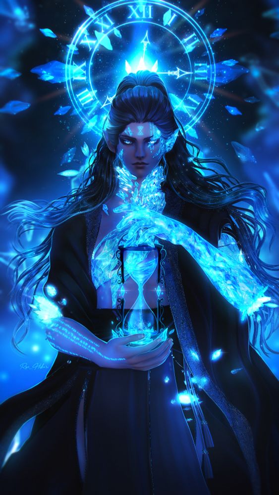 An edited screenshot/gpose of my newest OC. He is shown holding a floating hourglass between his hands and has a clock-like halo behind his head, and the hands of it move in set time, like real life clocks