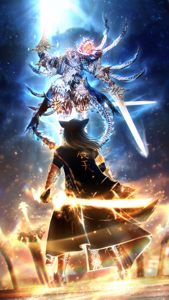 A commissioned edited screenshot picturing a WOL OC facing Thordan in his dragon king form. Both are showing the power of their determination with their aura, golden for the WOL, blue for Thordan.