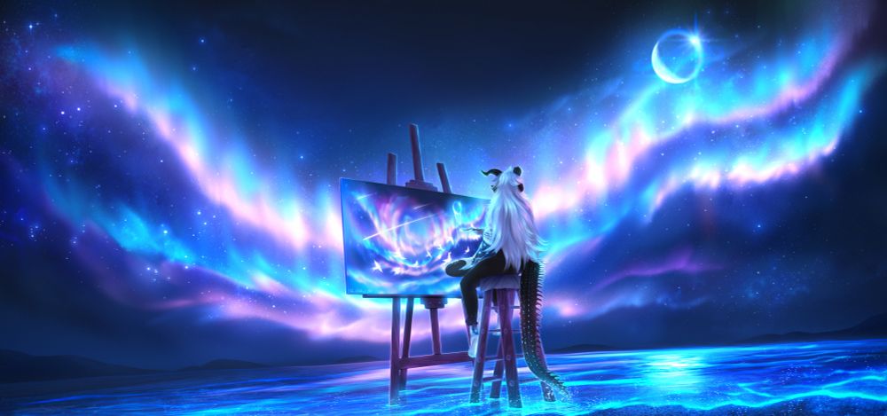An edited screenshot showing Zed painting on a canvas at night at the beach, with a beautiful night sky full of aurora borealis in the distance. The painting shows his own interpretation of what he sees, and includes astral birds and shooting stars, as well as more light and details. It is made with astral paint, hence why the canvas is glowing in pink, blue and white.