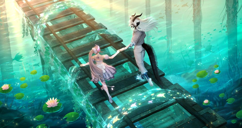 A fantasy/Dream-like composition I wanted to do for a while now. Imaginery places/scenery is what I prefer to edit/draw the most! My base screenshot only had the characters + the bridge, the background (except pillars, they come from another base) is completely drawn as I wanted to challenge myself with another landscape composition. I redrew the hair of the 2 characters and edited things on them (such as the glowy markings on both and other details)