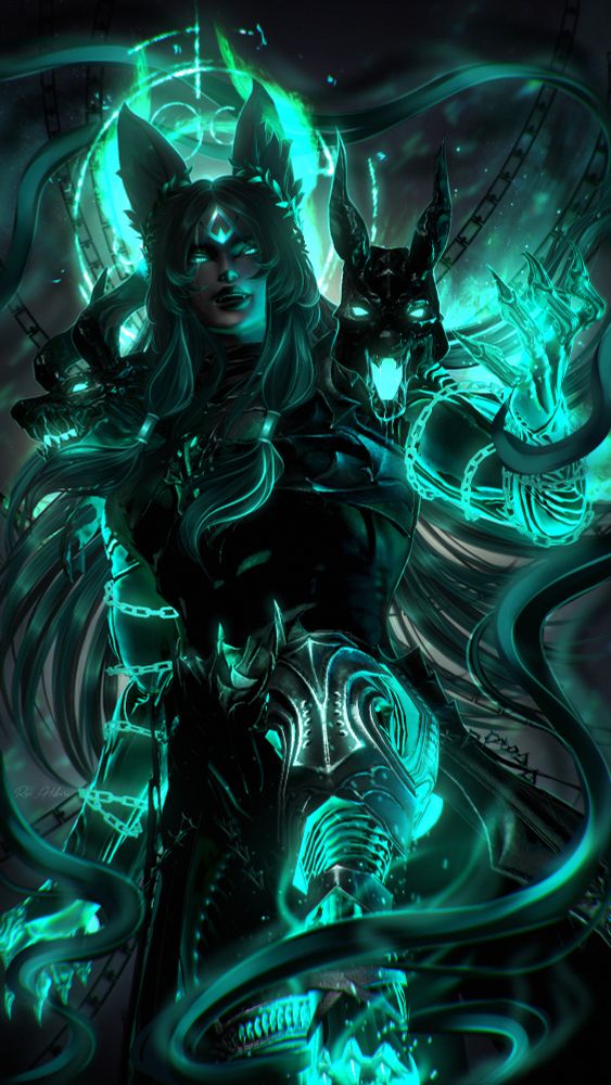 My character Cerberus, surrounded by dark energy and green flames. He looks human in this form despite his other 2 heads being dog heads. There's chains in the background as a way to explain how he was imprisoned and manage to break his chains.