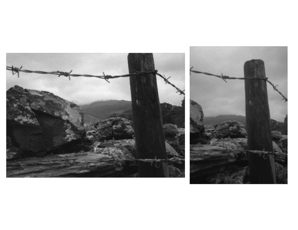 Two black and white photographs of barbed wire fencing attached to a dry stone wall in the Lake District landscape 
